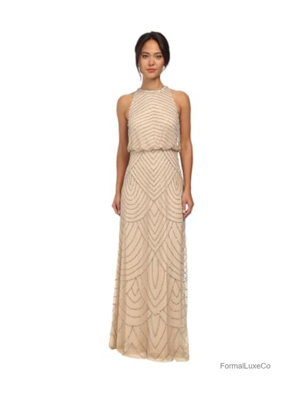Beaded Halter Long Formal Evening Dress Sleeveless Blouson Gown